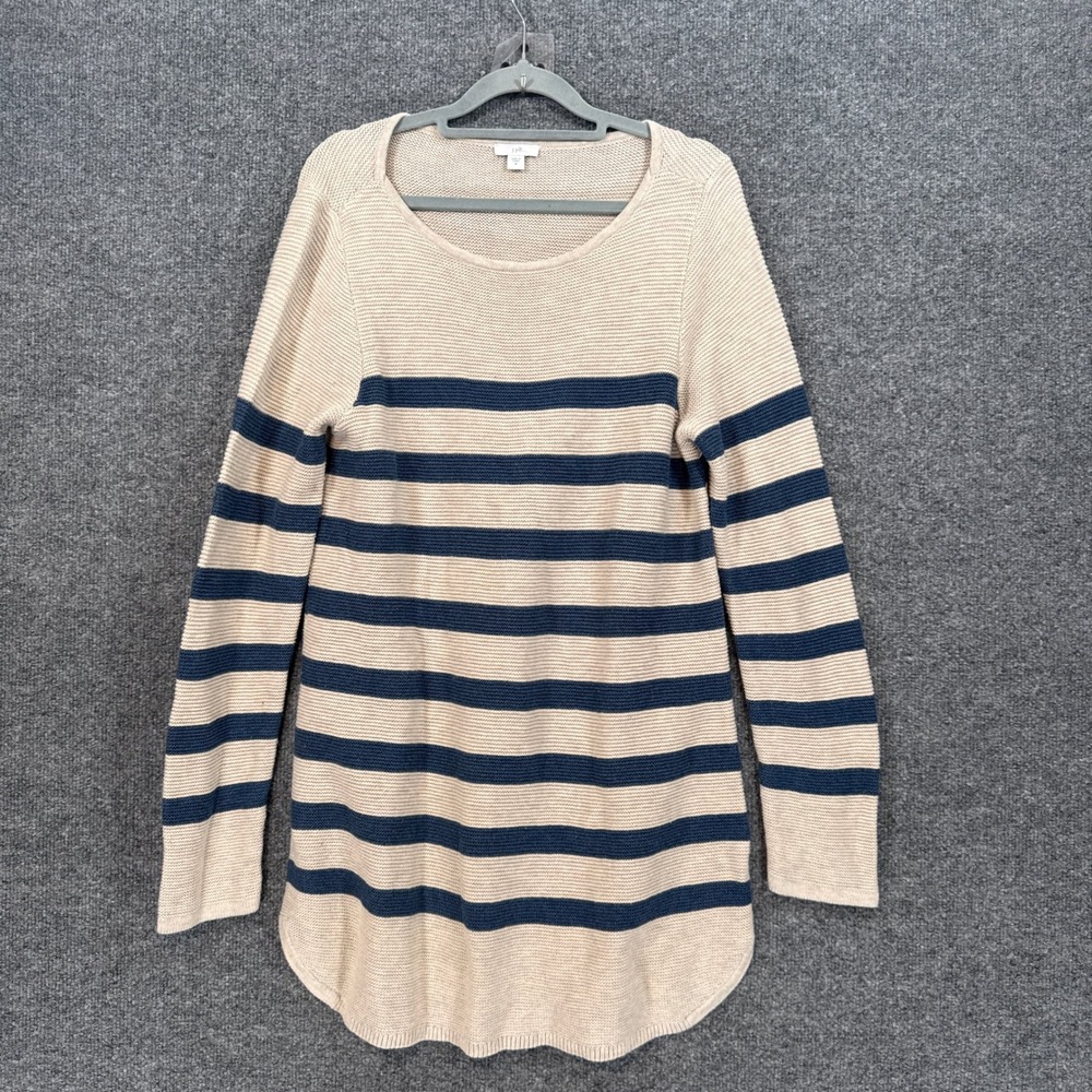 J.Jill Tunic Sweater Womens Medium Beige Blue Striped Knit Long Sleeve Preppy